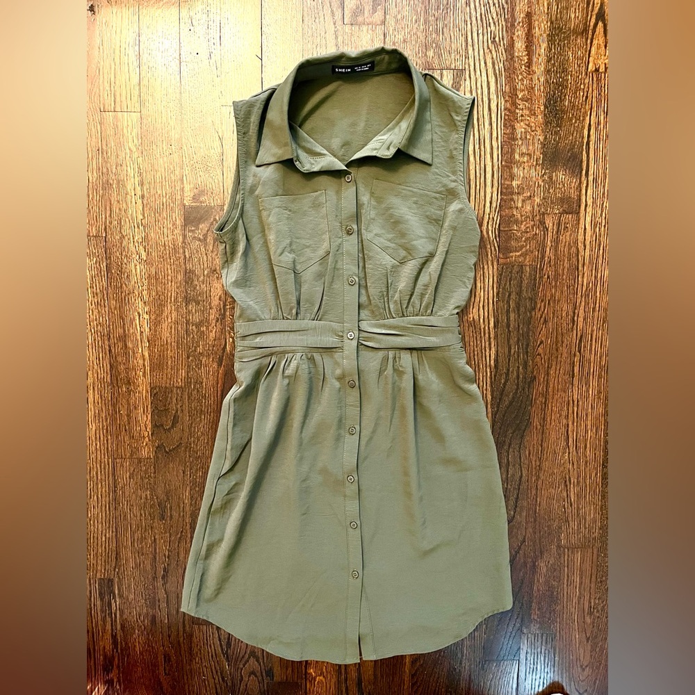 SHEIN Olive Green Collared Midi Dress